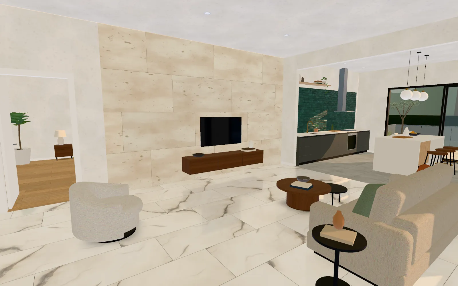 Illustrative render of the Experience Center living room